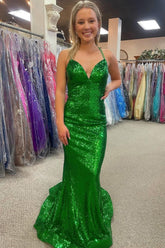 Long Backless Prom Dress in Green Sequins with Mermaid Halter