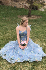 Long Green Prom Dress with Spaghetti Straps and A-Line Embroidery