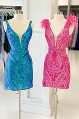 Sparkly Fuchsia V-Neck Sequins Tight Short Homecoming Dress/Mini Dress