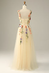 Champagne Long Prom Dress with Spaghetti Straps and Appliques in A-Line Style