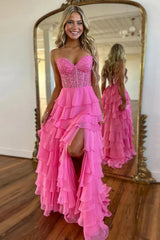 Light Blue Long Tiered Chiffon Prom Dress with Appliques in a Sweetheart A-Line