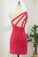 Hot Pink Open Sequins One Shoulder Tight Homecoming Dress/Mini Dress