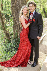 Long Red Sequined Prom Dress with Mermaid Spaghetti Straps and Front Split