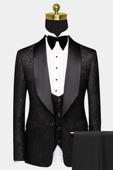 Popular Black One-Button Satin Shawl Lapel Prom Suits Jacquard Wedding Tuxedos