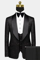 Popular Black One-Button Satin Shawl Lapel Prom Suits Jacquard Wedding Tuxedos