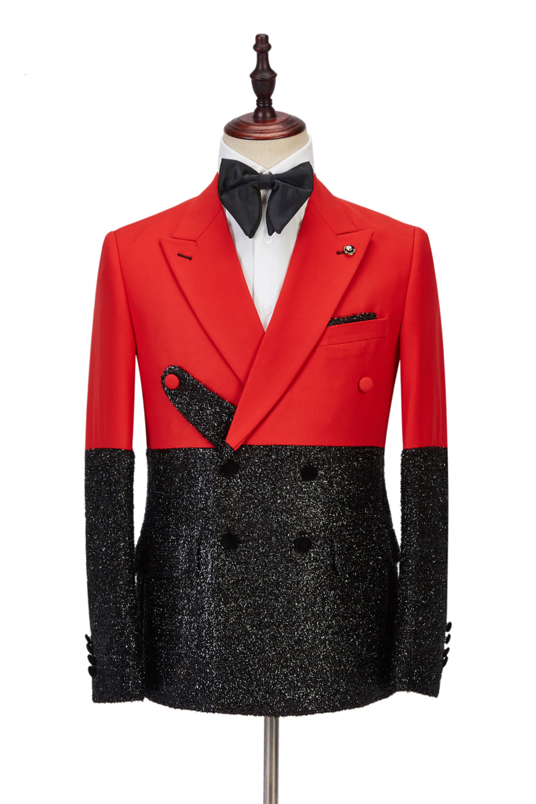 Classic High-Quality Stitching Tuxedo Wedding Bright Red with Sparkle Black Peak Lapel