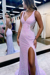 Long Lilac Prom Dress with V Neck Front Split and Sequins