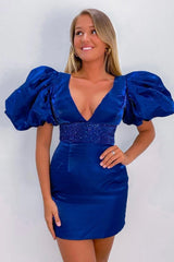 Sparkly Red Sequins Lace-Up Puff Sleeves Tight Short Homecoming Dress/Mini Dress