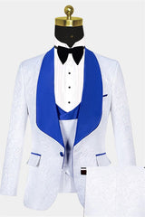 Cool White Jacquard Shawl Lapel Wedding Tuxedo with Blue Three-Piece