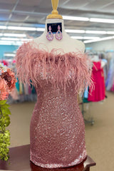 Pink Sparkly Tight Sequins Homecoming Dress/Mini Dress with Feathers