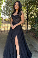 Black Sweetheart A-Line Prom Dress with Front Split Corset