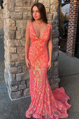 Elegant Orange Mermaid Prom Dress with Deep V Neck and Embroidery
