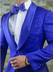 Royal Blue Jacquard Shawl Lapel Wedding Blazer in Two Pieces
