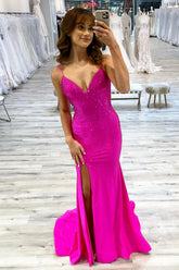 Long Backless Prom Dress with Fuchsia Spaghetti Straps and Beading