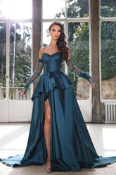 Glamorous Half Sleeves Ink Blue Formal Dress Strapless With High Split Gown