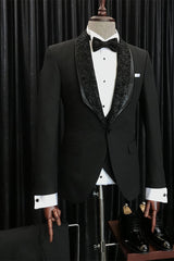 Stylish Slim-Fit Black Wedding Men's Suits with Special Jacquard Lapel