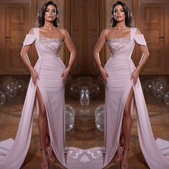 One Shoulder Glamorous Mermaid Sequins Evening Dress With Slit Ruffles