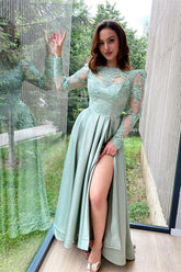 Long Sleeves Dusty Sage Evening Dress Split With Lace