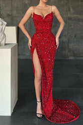 Red Spaghetti-Straps Mermaid Evening Dress Split With Sequins
