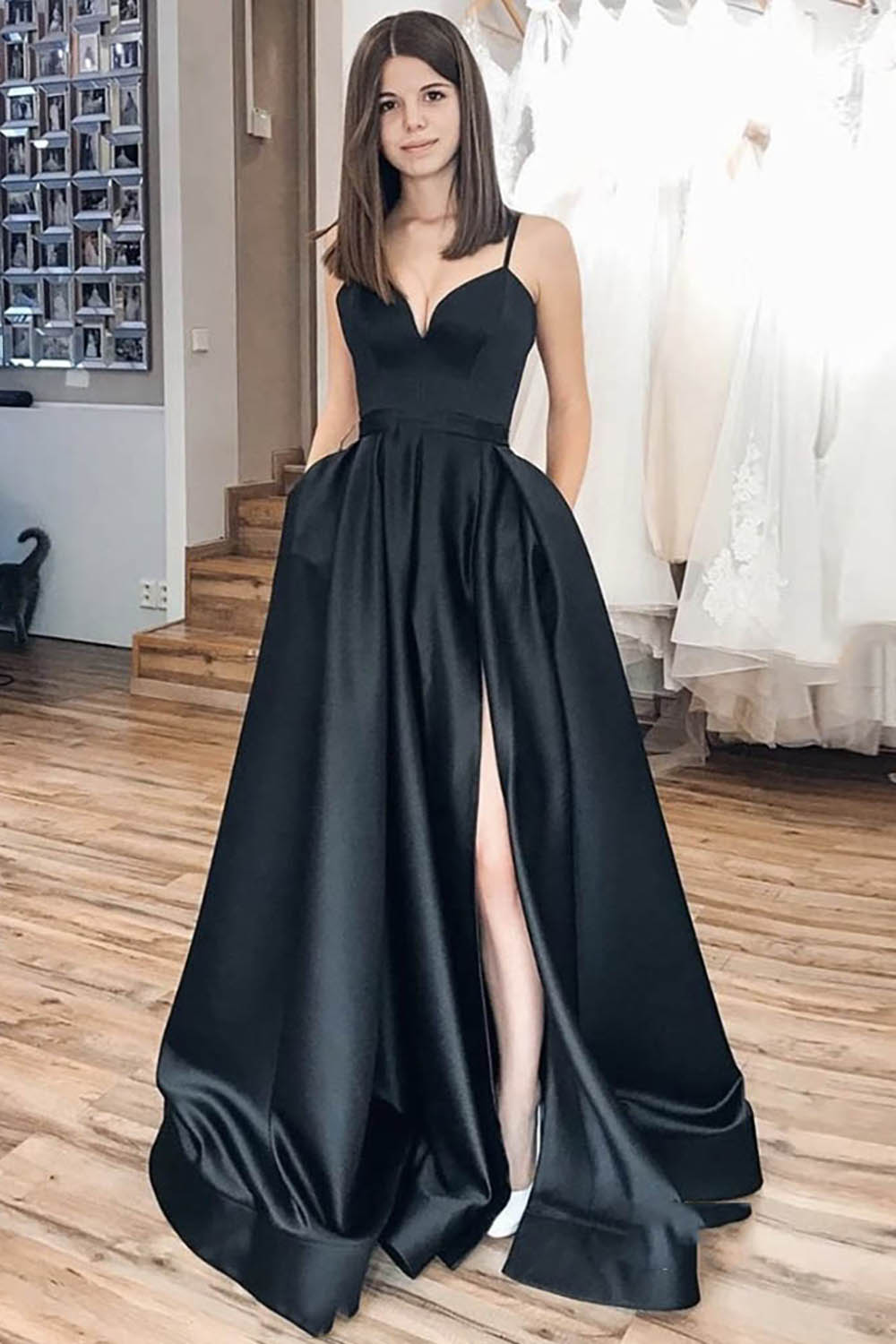 Black Long A-Line Prom Dress with Spaghetti Straps and Slit