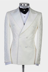 Stylish White Jacquard Peaked Lapel Double-Breasted Wedding Suit for Men