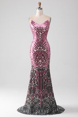 Elegant Pink Sequined Mermaid Prom Gown with Spaghetti Straps