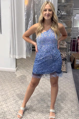 Sparkly Blue Sequined One Shoulder Tight Short Homecoming Dress/Mini Dress with Fringes