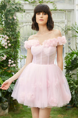 Pink Off the Shoulder Corset Homecoming Dress/Mini Dress With Flowers