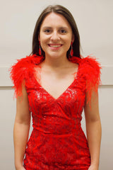 Sparkly Red Sequined Backless Tight Short Homecoming Dress/Mini Dress with Feathers
