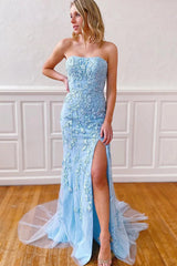 Long Strapless Pink Prom Dress Featuring Lace and a Slit