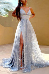A-line Prom Dress in Grey Tulle Featuring a Slit