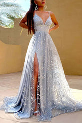 A-line Prom Dress in Grey Tulle Featuring a Slit