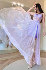 Lilac corset prom dress with spaghetti straps and a criss-cross back in A-line silhouette