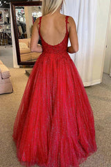Glittery Backless Prom Dress in Red with A-line Silhouette