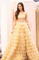 Strapless Long Prom Dress in Golden Tulle with Tiered Layers and Slit