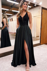 Long Black Sparkly A-Line Prom Dress Featuring Pockets