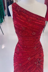 Sheath One Shoulder Red Sequins Short Homecoming Dress/Mini Dress with Star