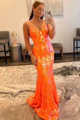 Long Prom Dress with Sparkly Orange Sequin Sweetheart Neckline and Lace-Up Back
