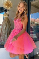 Hot Pink A-Line Tulle Short Homecoming Dress/Mini Dress with Lace