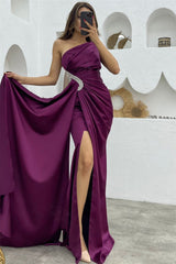 Dark Purple Sequins Mermaid One Shoulder Evening Dress With Long Ruffles Split