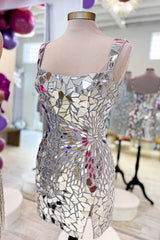 Sparkly Silver Scoop Neck Mirror Tight Short Homecoming Dress/Mini Dress