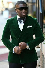 Newest Peaked Lapel Dark Green Marriage Blazer Suit Velvet with Double-Breasted