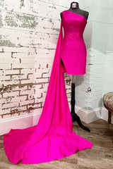 Sparkly Fuchsia Sequins One Shoulder Watteau Train Tight Homecoming Dress/Mini Dress