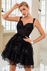 Black Corset A-Line Short Homecoming Dress/Mini Dress with Lace