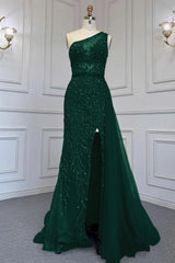 Elegant Beadings One Shoulder Tulle Evening Dress With Slit Rhinestone