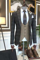 Bertran Chic Dark Grey Plaid Peaked Lapel Three-Piece Business Men's Suits