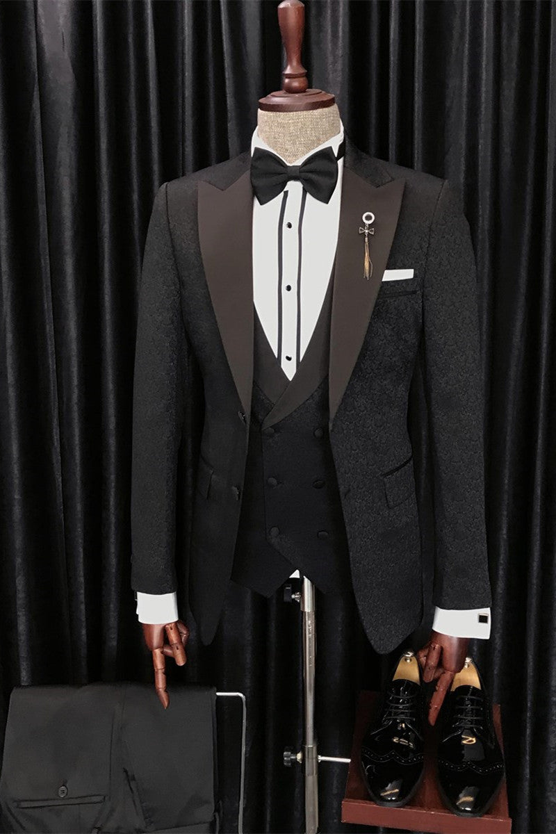 Newest Anthony Black Jacquard Three-Piece Peaked Lapel Wedding Men's Suits