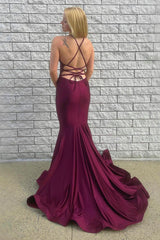 Burgundy Long Prom Dress with Mermaid Spaghetti Straps and Criss Cross Back