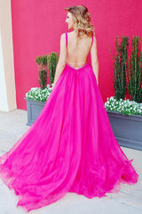 Long Backless Prom Dress with Fuchsia V-Neck