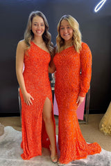 Orange Sequined Long-Sleeve Prom Dress with a Mermaid One-Shoulder Design